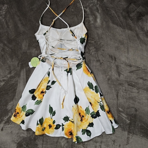 Windsor ✦ Floral Fit & Flare Dress ✦ White & Yellow Summer Print w/ Lace-Up Back - Picture 11 of 17